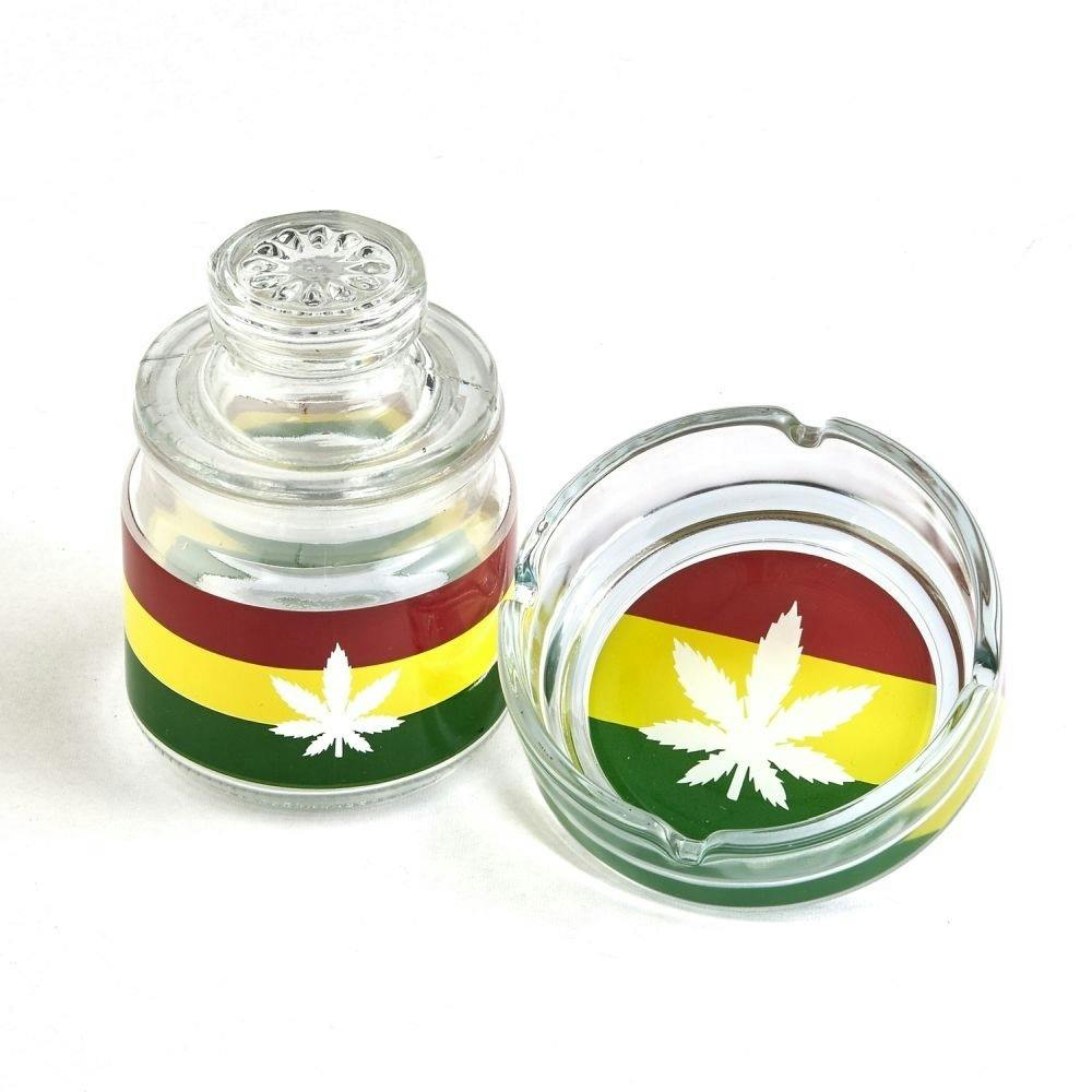 Glass Stash Jar and Ashtray Set - Rasta
