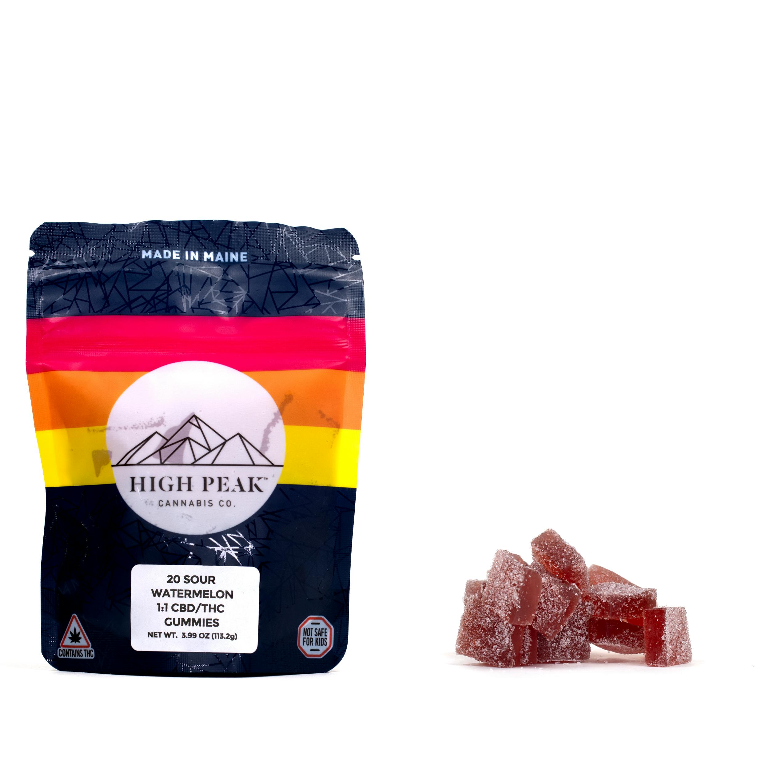 High Peak | 1:1 THC/CBD Sour Watermelon | Hash Rosin Gummies | Adult Use | 100mg.