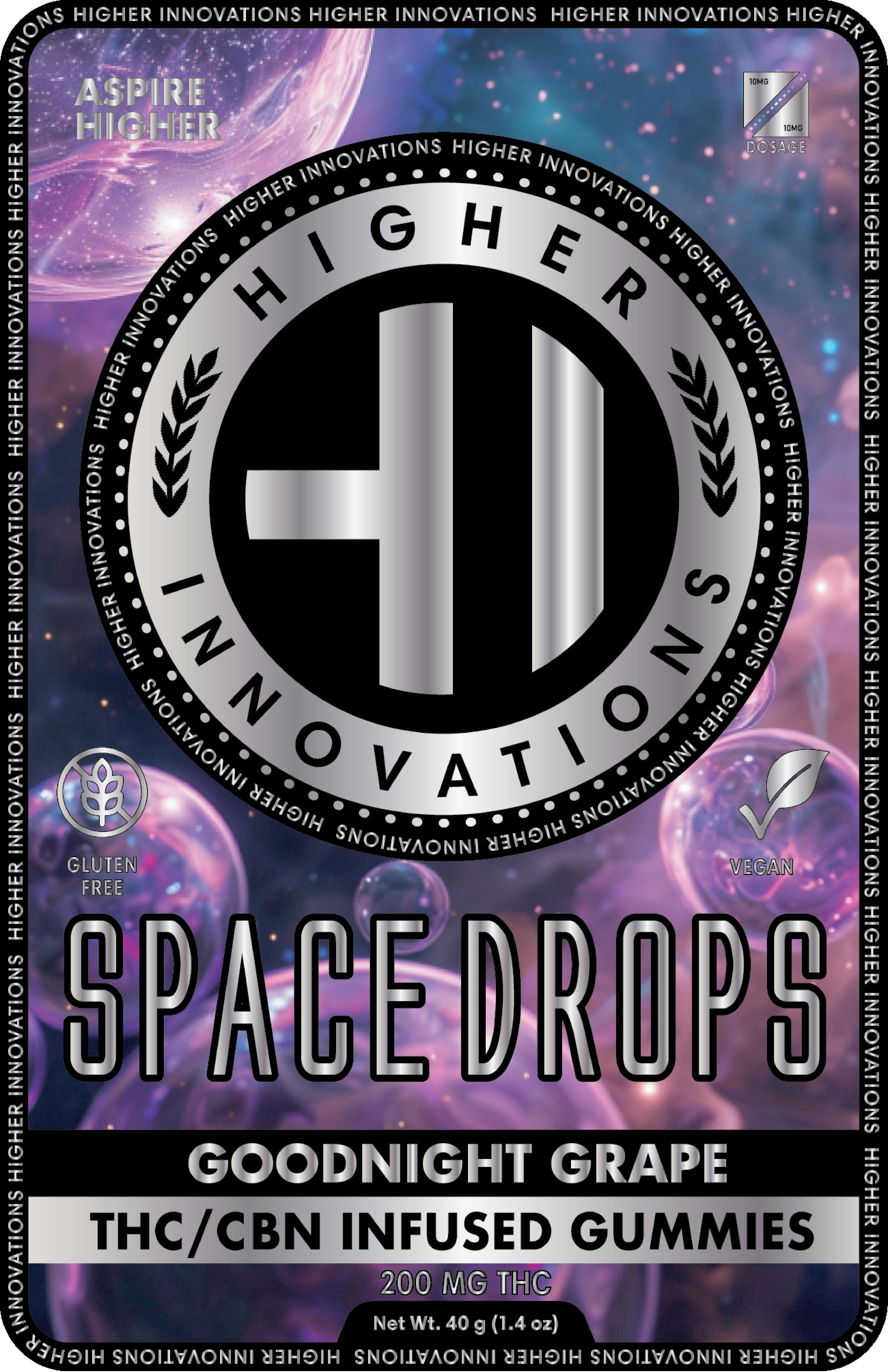 Higher Innovations | Goodnight Grape Space Drops | 1:1 THC/CBN 200mg/10pc Gummies