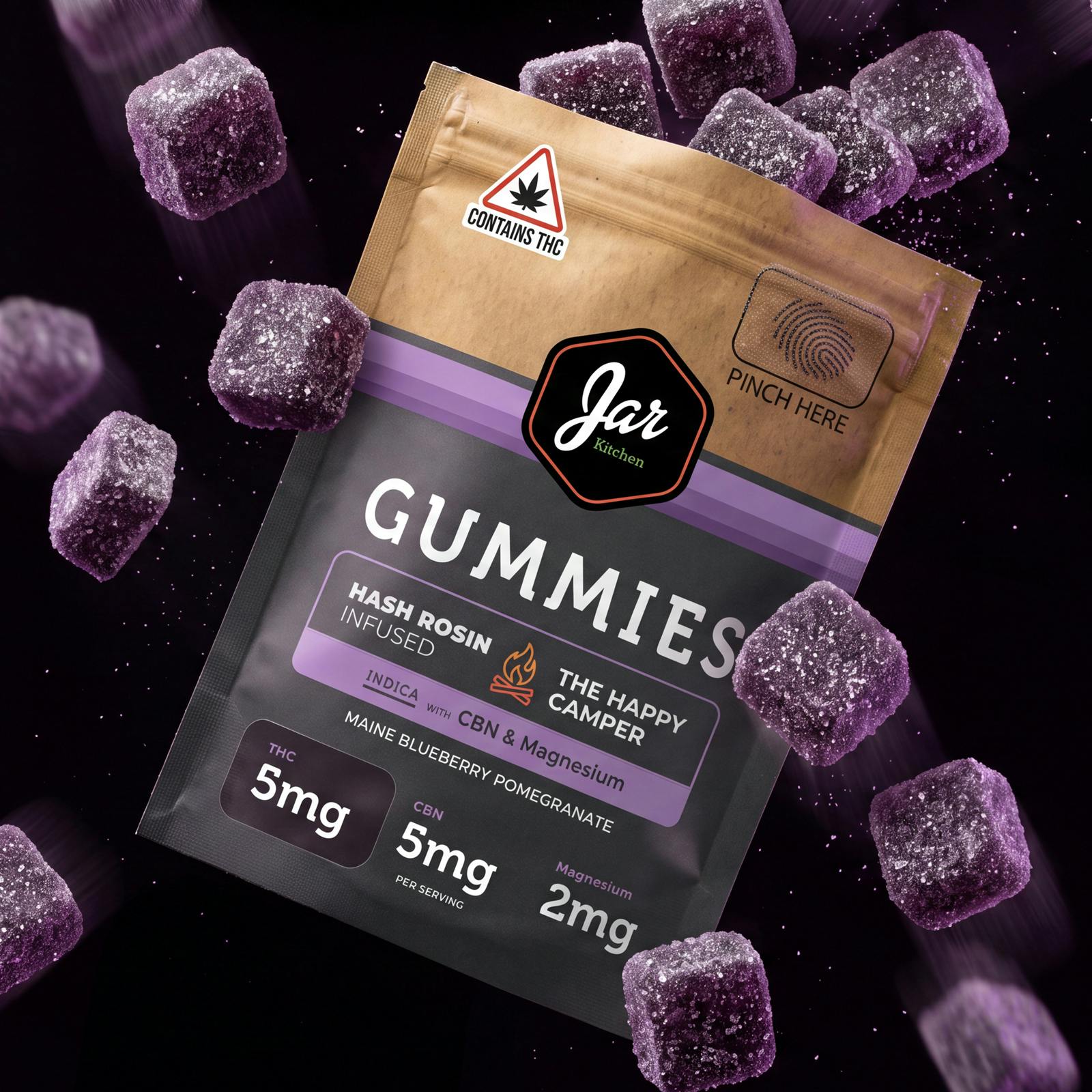 Blueberry Pomegranate Gummies - Indica - 100mg ( 5mg THC, 5mg CBN / piece ) - Hash Rosin at JAR Cannabis Co. Dispensary - Carrabassett (Sugarloaf)
