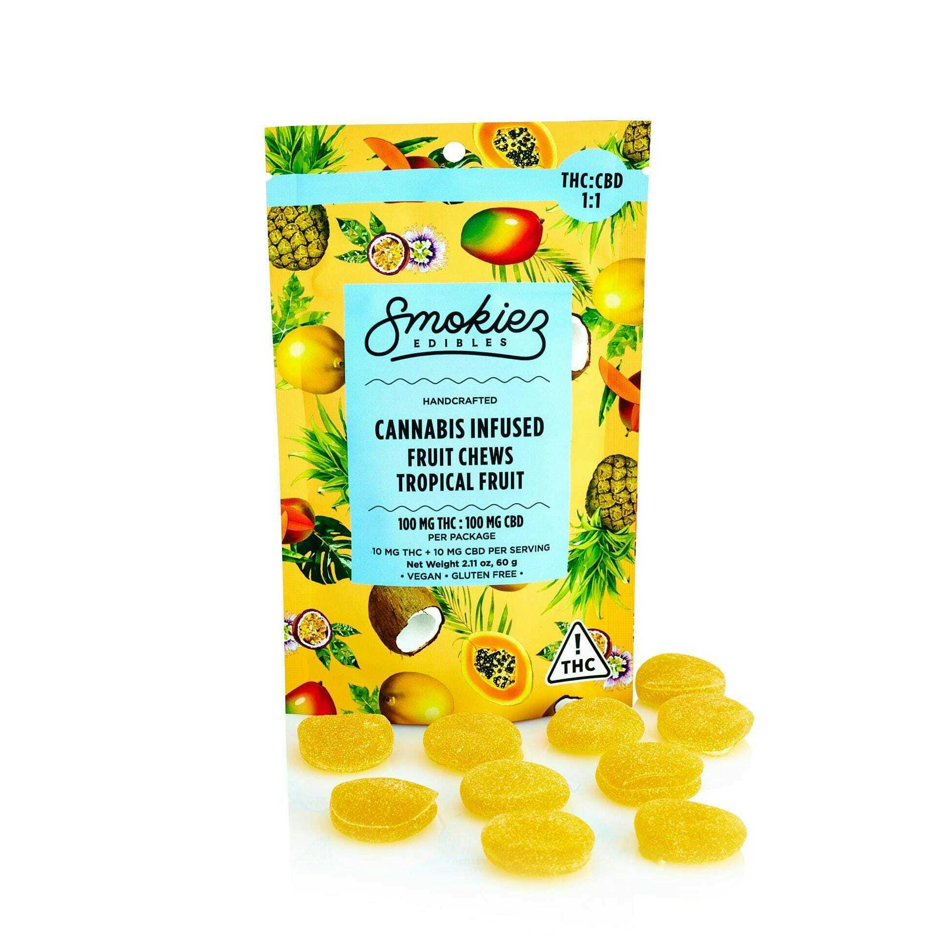 Smokiez 100mg THC: 100mg CDB Fruit Chews — Tropical Fruit