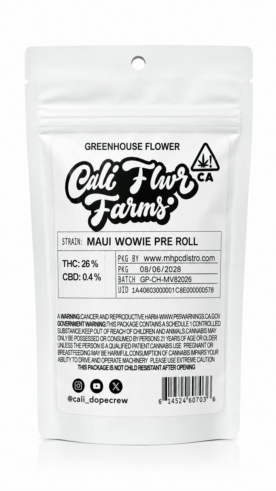Cali Flwr Farms 1g Preroll - Maui Wowie