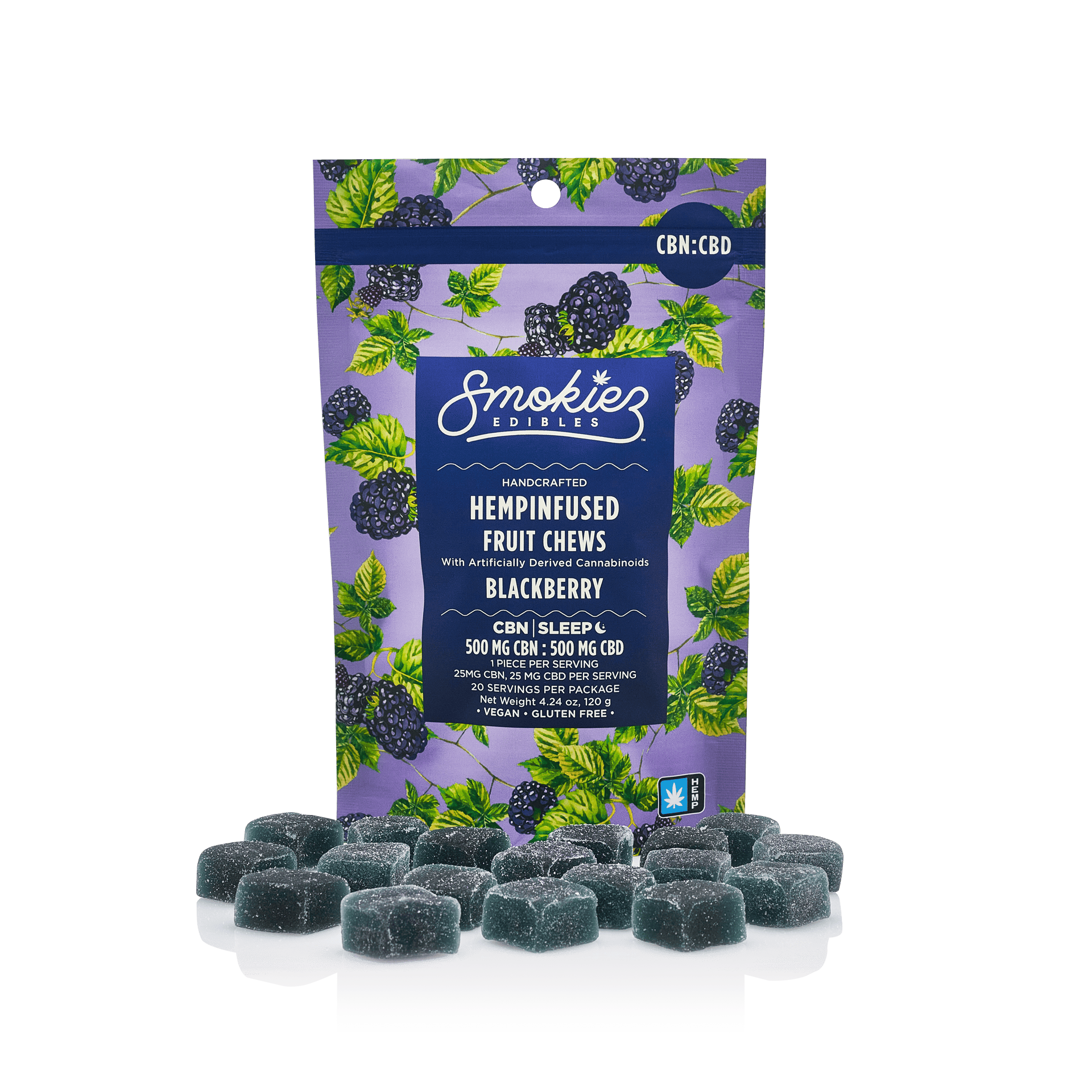 Blackberry Hemp Fruit Chews: 20pc 1000mg 1:1 (CBD:CBN) - Smokiez