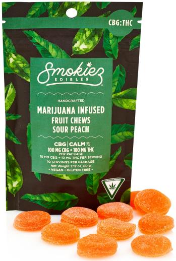 SOUR PEACH | SMOKIEZ | FRUIT CHEWS | 1:1 CBG 100mg by Smokiez Edibles