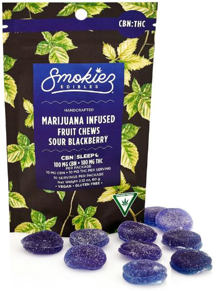 SOUR BLACKBERRY | SMOKIEZ | FRUIT CHEWS | 100MG 1:1 CBN by Smokiez Edibles