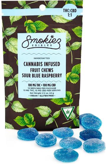 SOUR BLUE RASPBERRY | SMOKIEZ | FRUIT CHEWS | 100MG 1:1 CBD by Smokiez Edibles