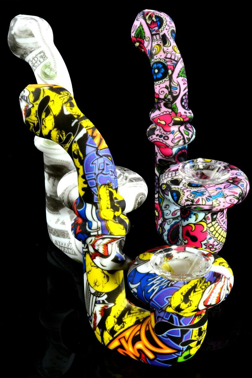 Decal Print Silicone Sherlock Hand Pipe w/ Glass Bowl