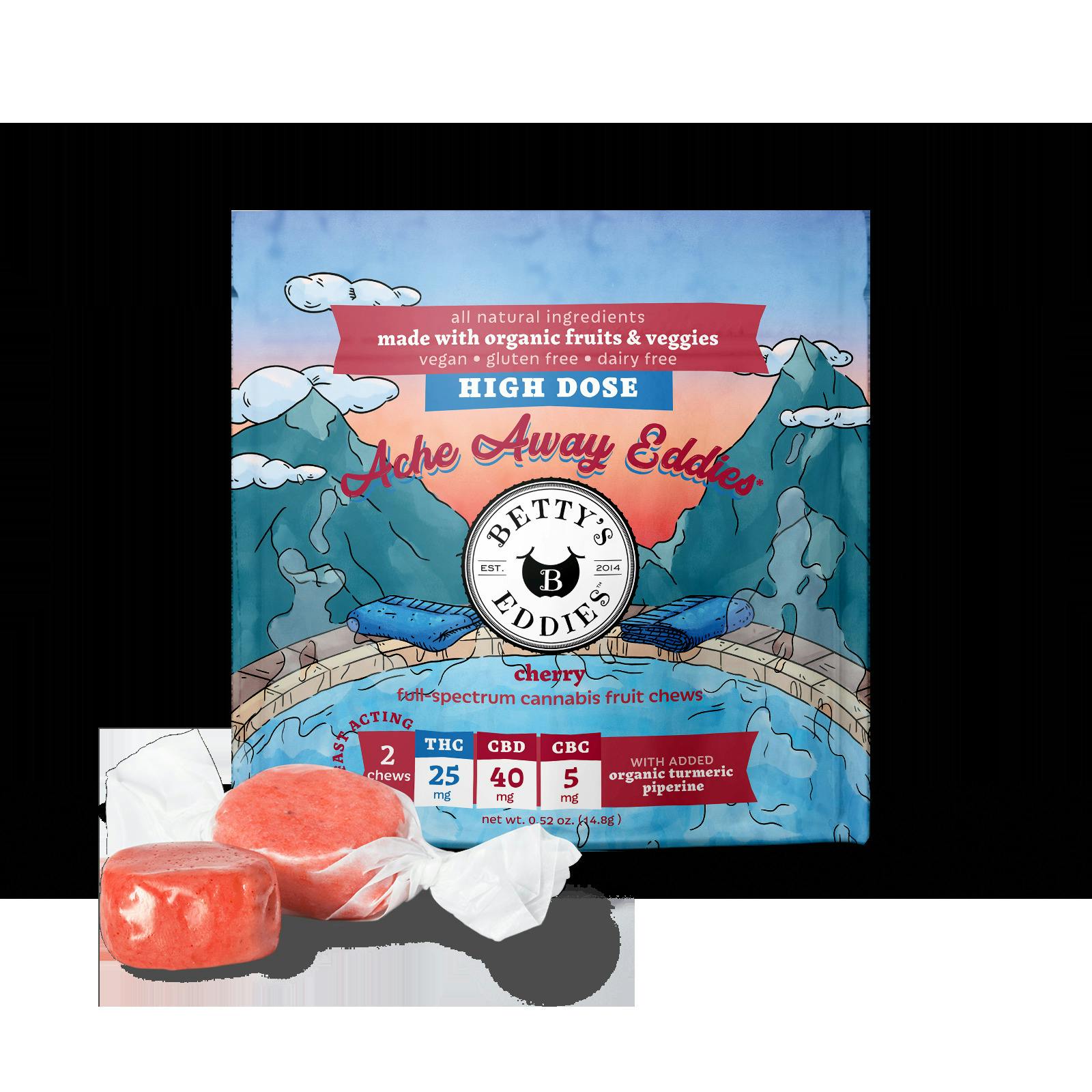 ACHE AWAY EDDIES CHERRY 5:8:1 CBD:CBC 1PK FAST ACTING FRUIT CHEWS