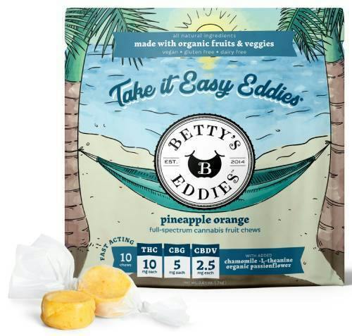 TAKE IT EASY EDDIES PINEAPPLE ORANGE 4:2:1 CBG:CBDV 10 PK FAST ACTING FRUIT CHEWS