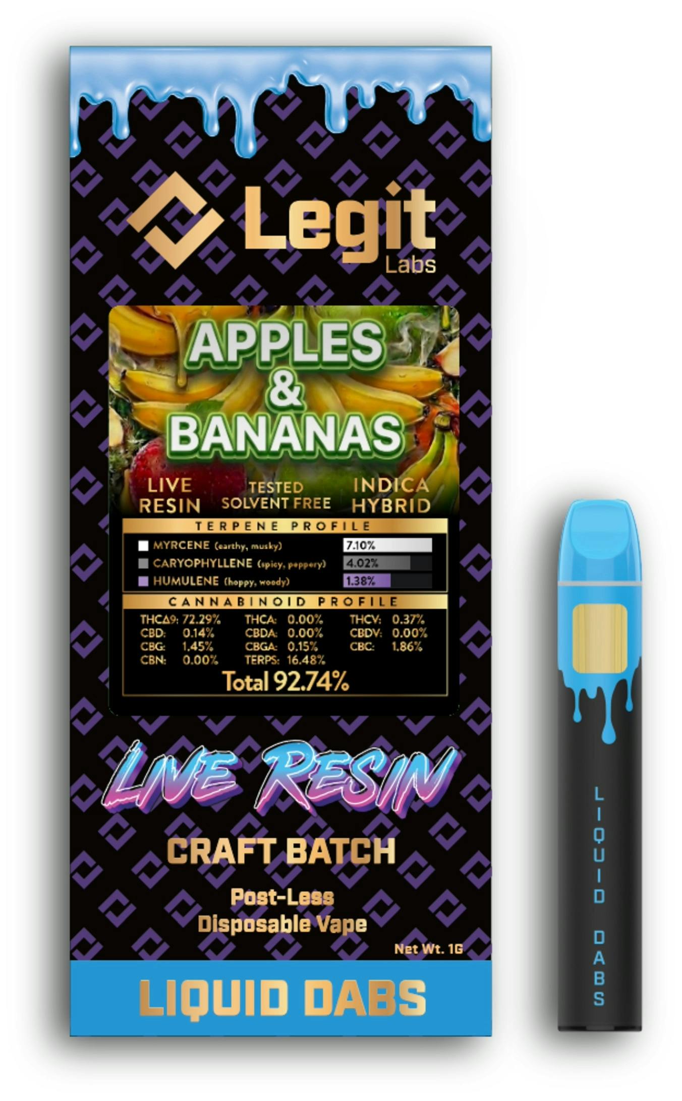 LEGIT LABS | APPLES & BANANAS | HYBRID | DISPOSABLE VAPE | 1G | REC