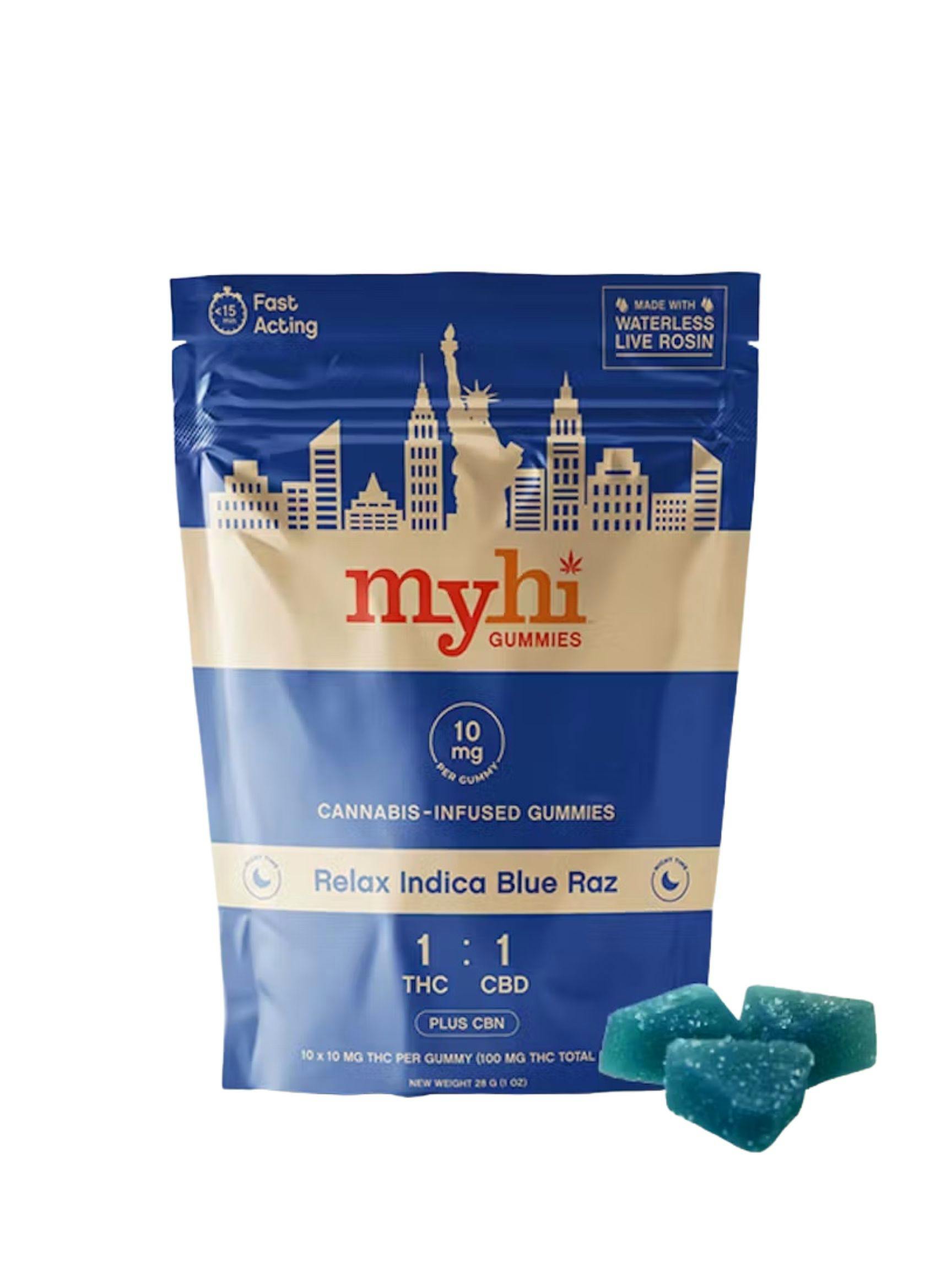 Relax Indica Blue Raz | 1:1 THC:CBD:CBN | Live Rosin Gummies | 10ct | Indica