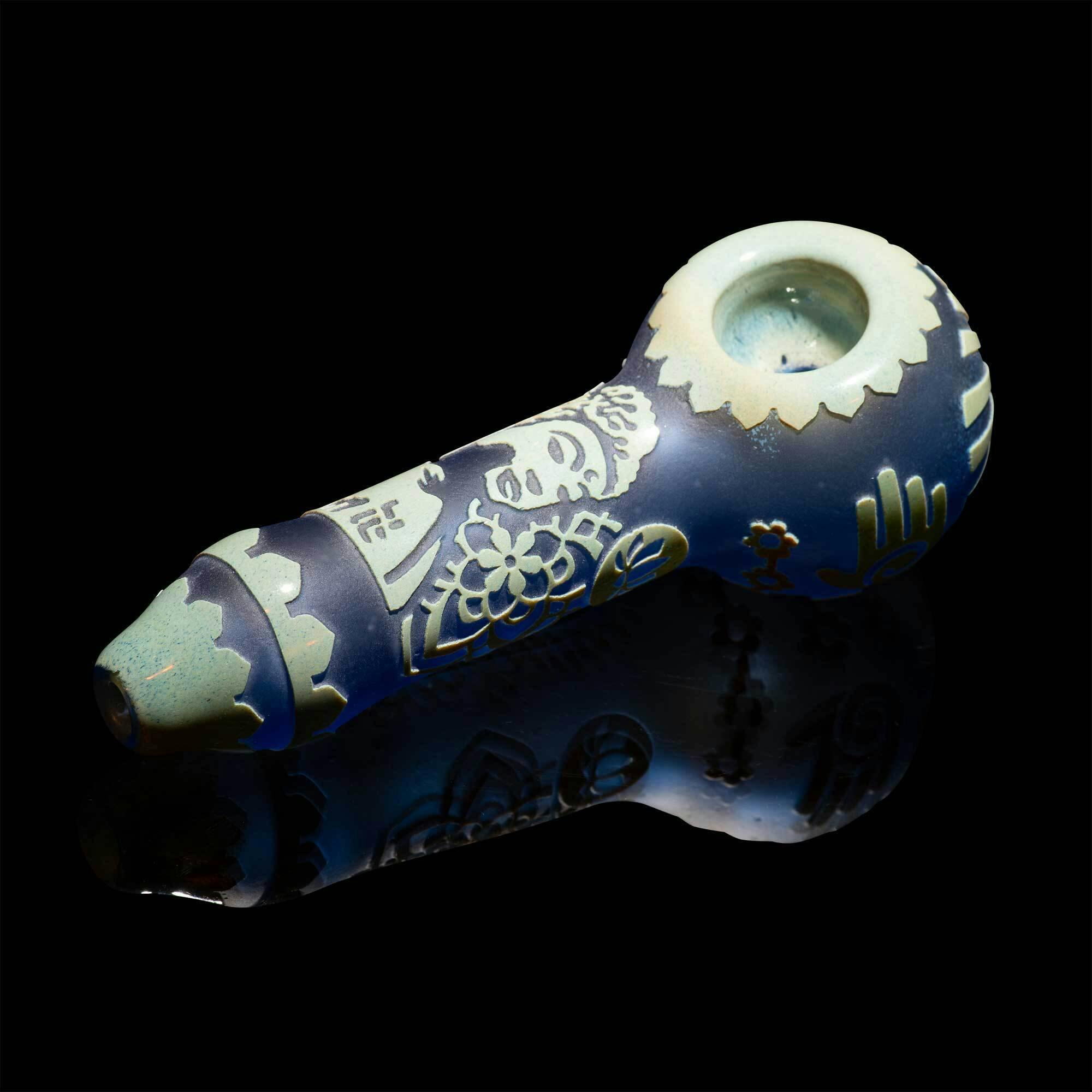 4.5" Bhudda Silver and Blue Frit Hand Pipe