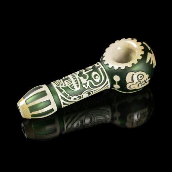 Maya Face in Color 4.5" Green Frit Hand Pipe