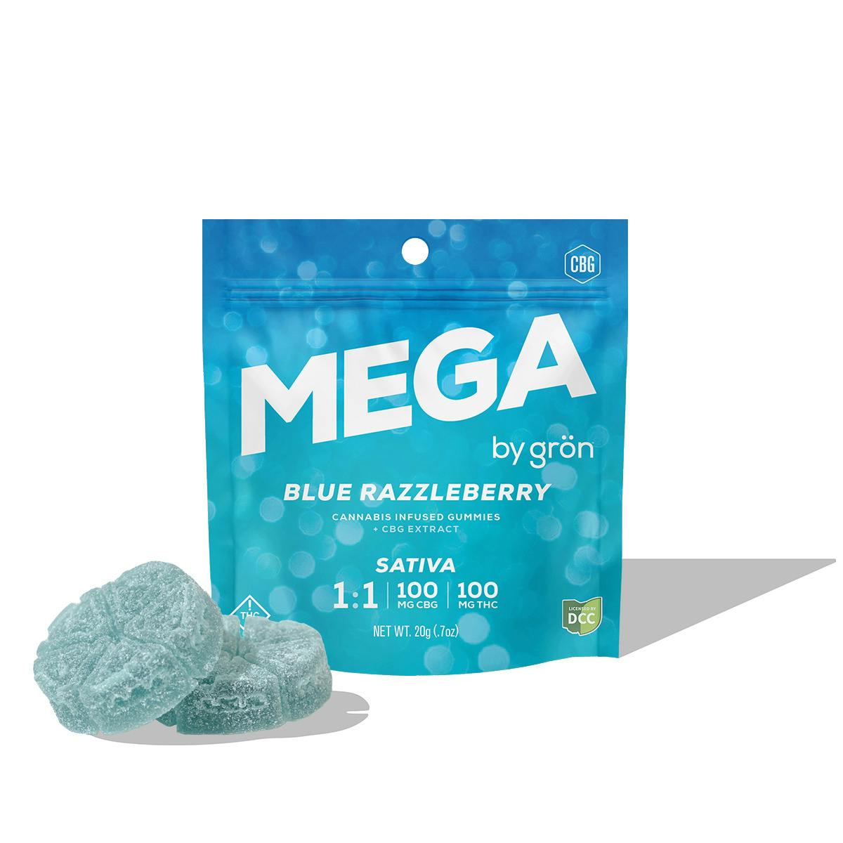 Gron: 1:1 CBG:THC Blue Razzleberry Mega Gummies - 2pk