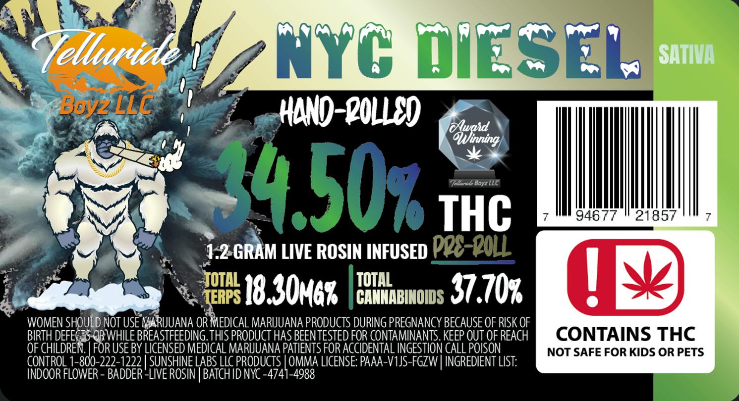 NYC Diesel Infused 1.2g ROSIN PRE-ROLLS