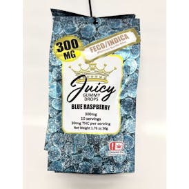 Juicy Gummy Drops - FECO/INDICA Blue Raspberry 300MG (platinum gorilla glue) - 50 g