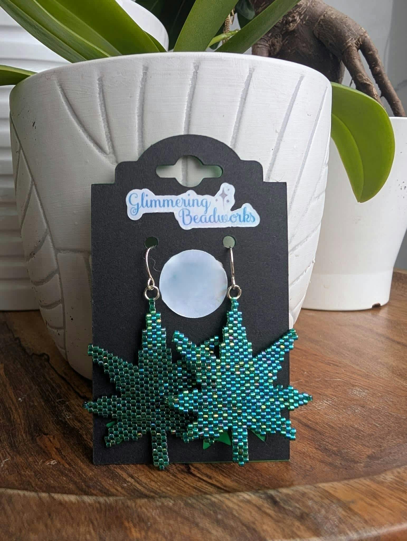 Beaded Green Pot Leaf Earrings