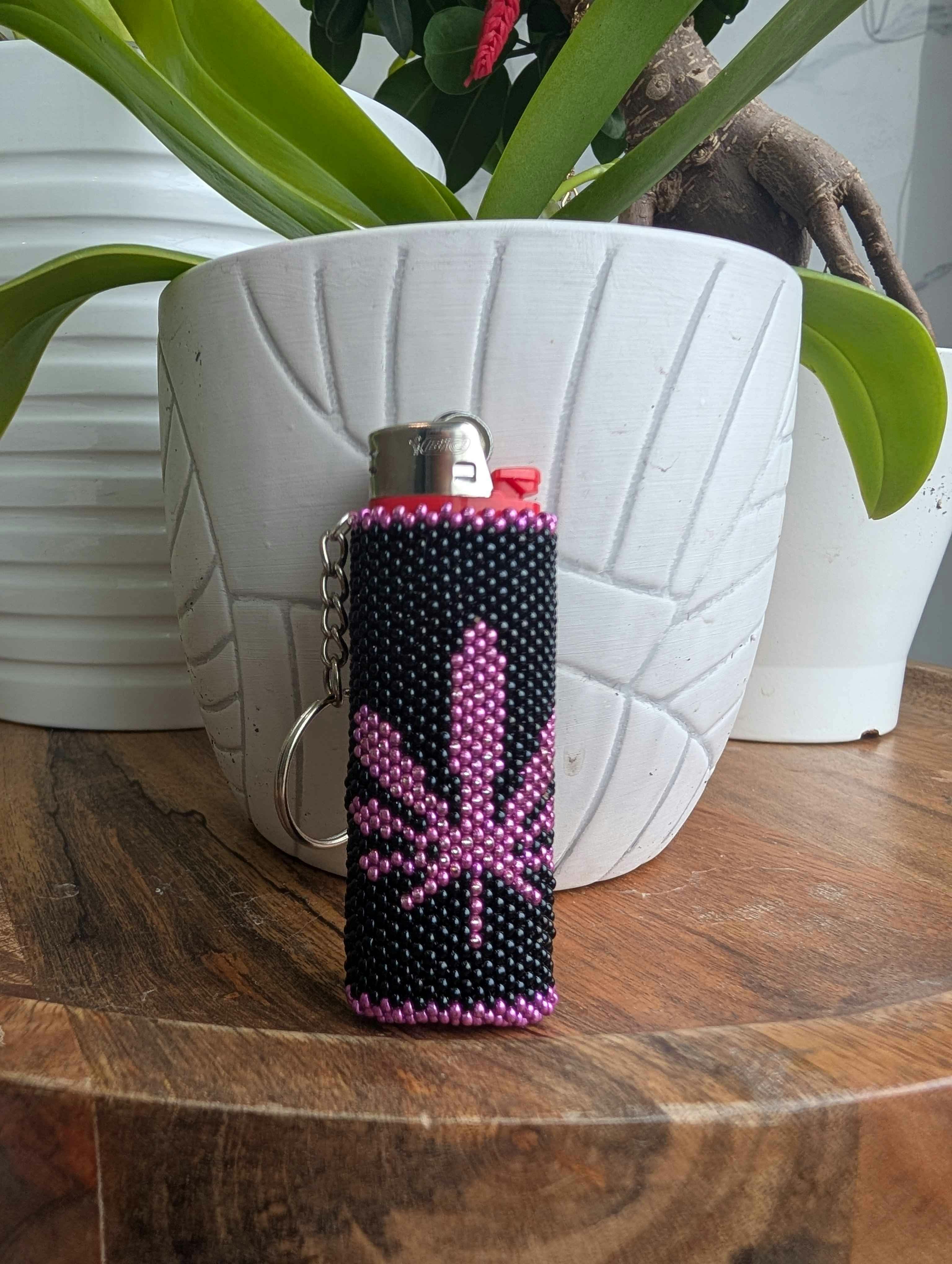 Beaded Purple Pot Leaf Black Lighter Sleeve Keychain