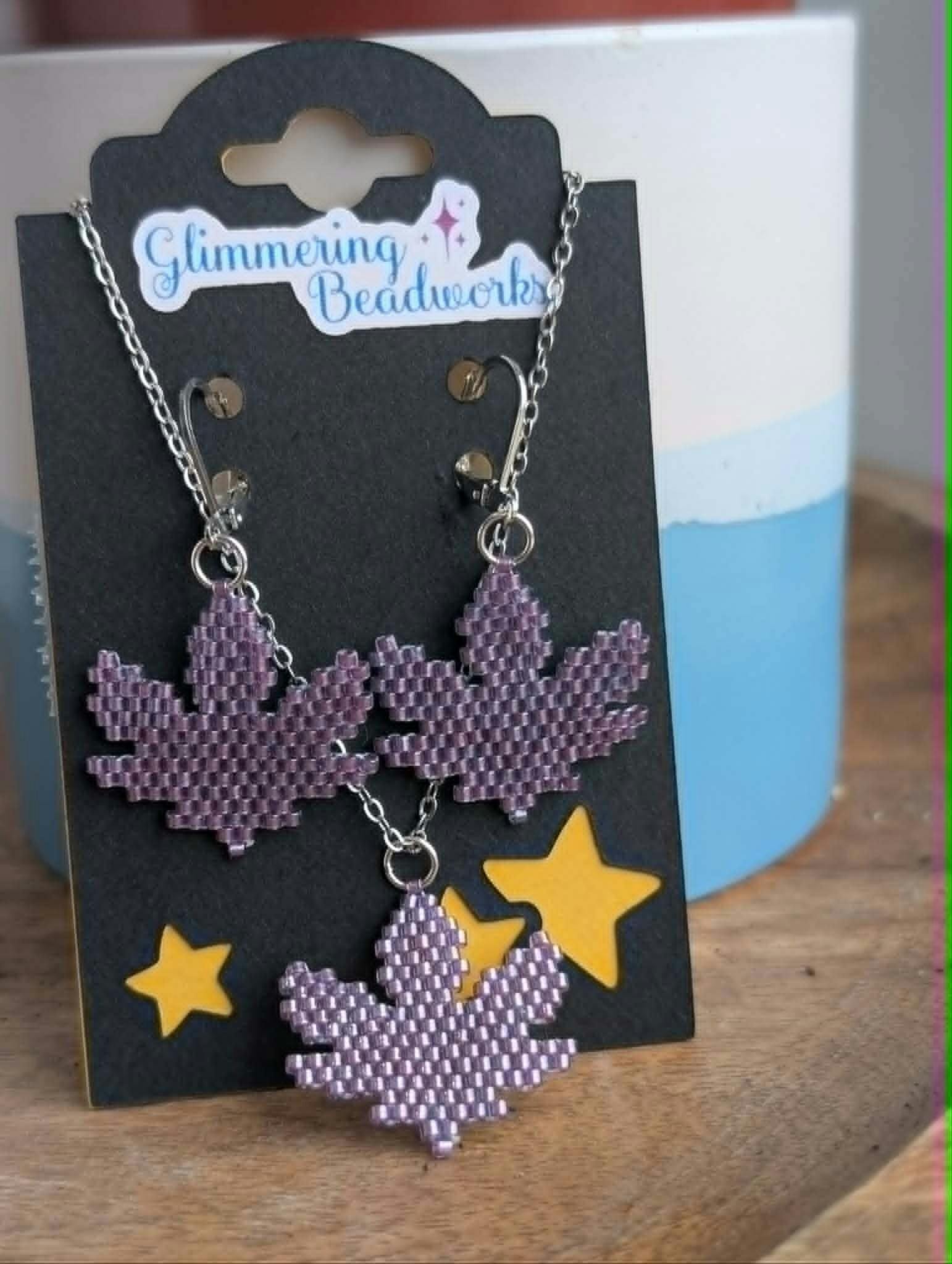 Beaded Purple Pot Leaf Earring and Necklace Set