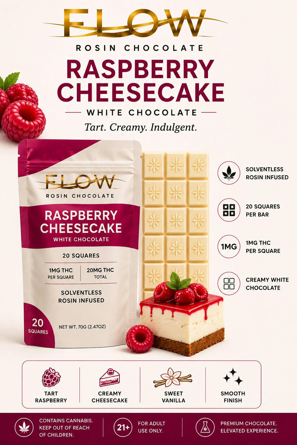 Flow | Raspberry Cheesecake | 20mg Rosin White Chocolate Bar