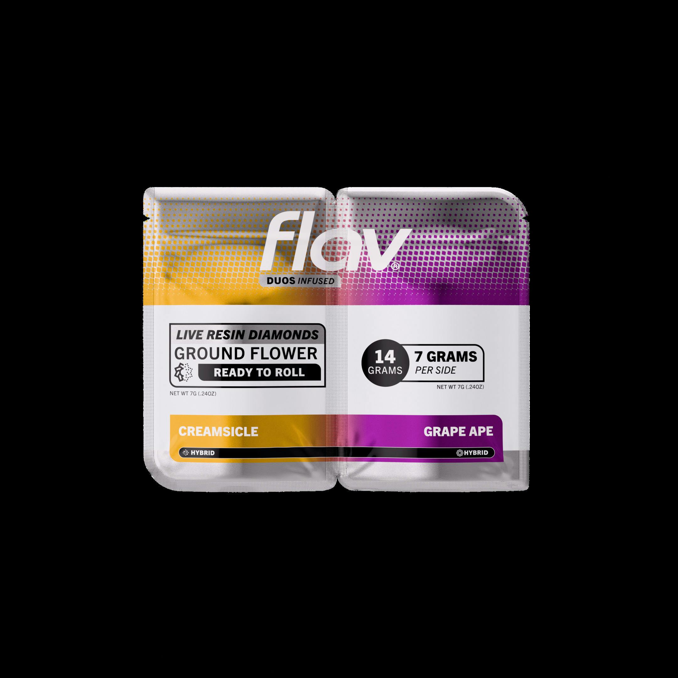 Flav | Duos Infused Ground Flower | Creamsicle (Hybrid) & Grape Ape (Indica) | 14g