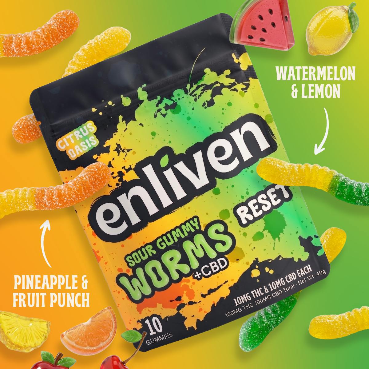 Sour Gummy Worms - Reset [10pk] (100mg THC/100mg CBD) | Enliven - Sour Gummy Worms