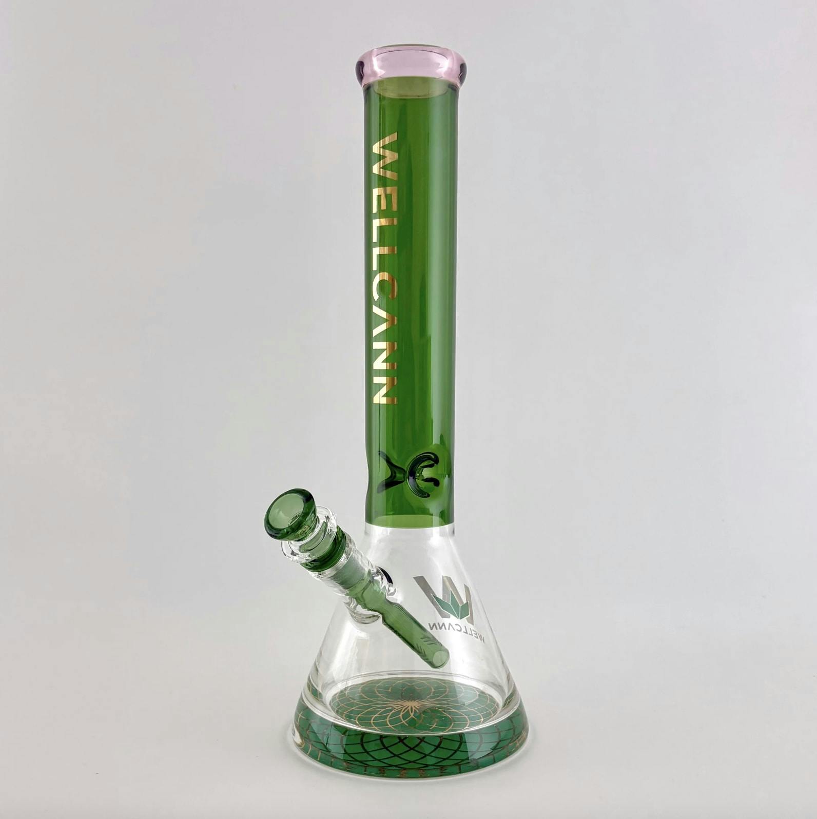 14" Wellcann Thickened Base Geometric Beaker Glass Bong Green/Pink