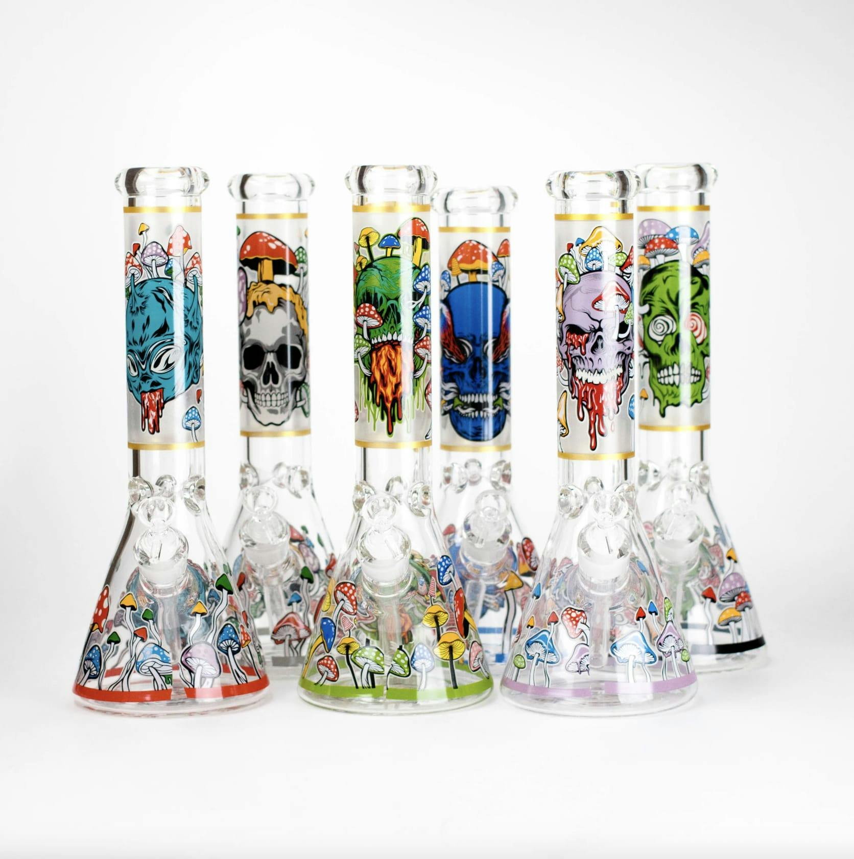 14" Mushroom Skull Design 7mm Thick Glass Beaker Bong - Glow in the Dark