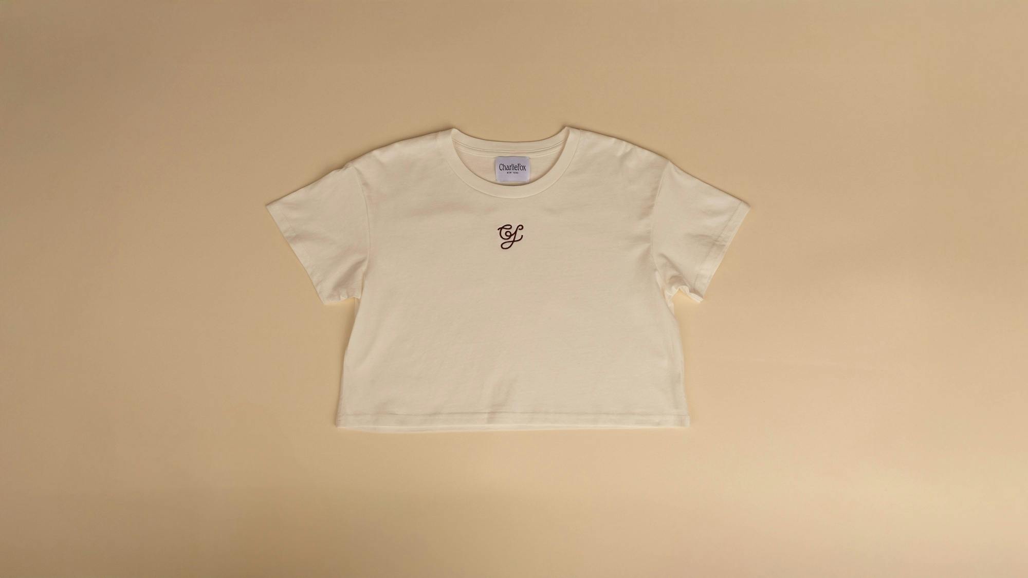 Ivory Cropped Tee with Burgundy Logo