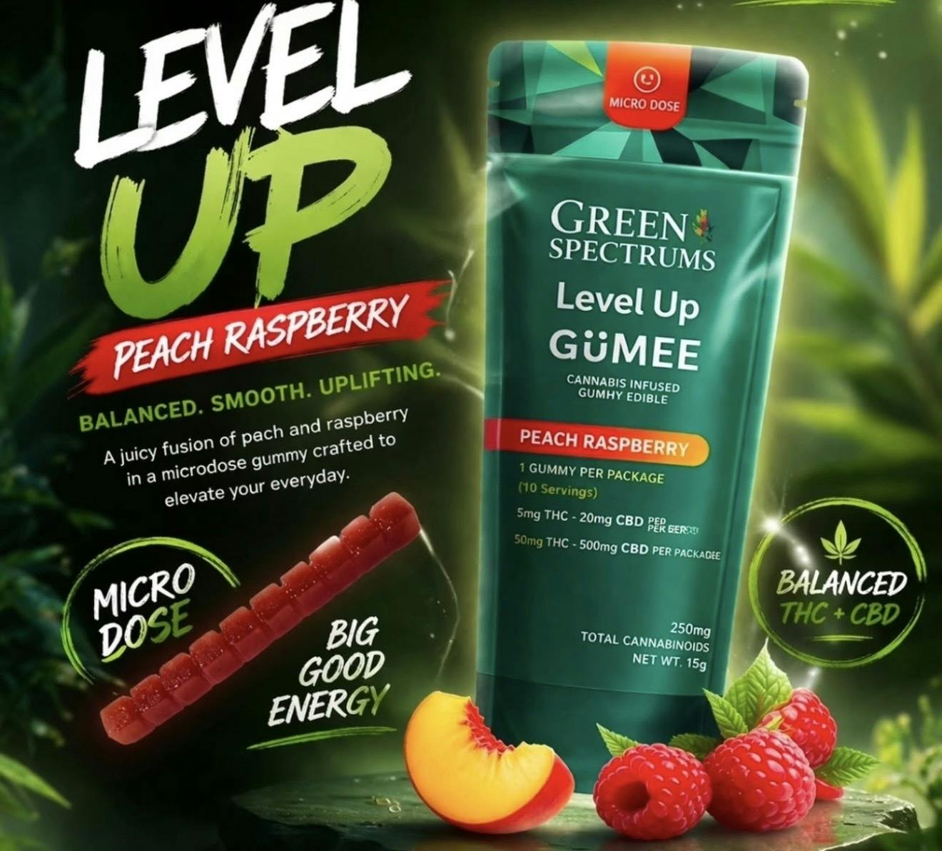 Green Spectrums - Level Up - Peach Raspberry Micro Dose - Gummy - 10mg at Herbal Woodstock