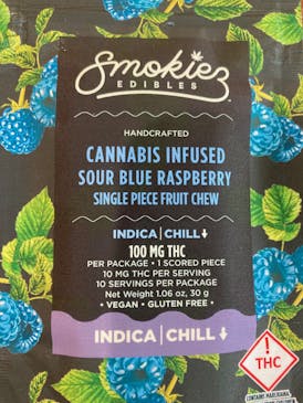 Sour Blue Raspberry Indica 100mg THC Fruit Chews - Smokiez