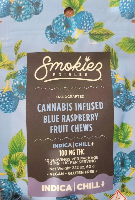 Blue Raspberry Indica 100mg THC Fruit Chews - Smokiez