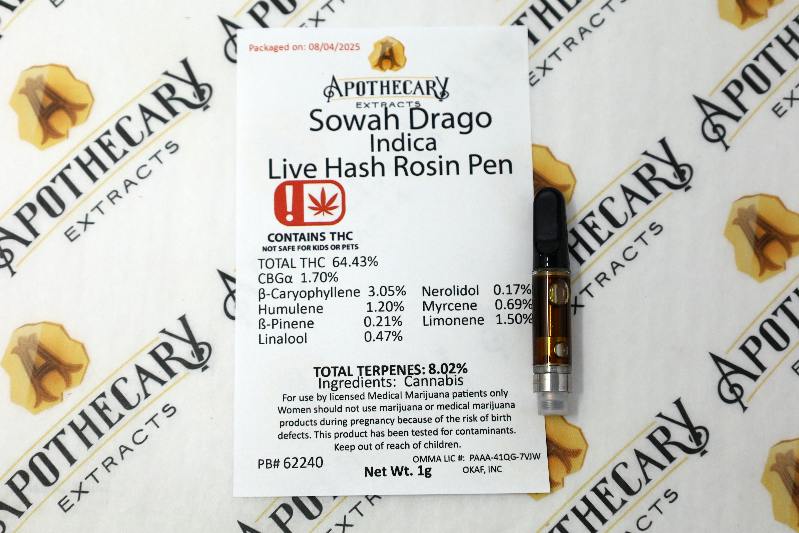 Sowah Drago Live Hash Rosin Pen - Indica 1g