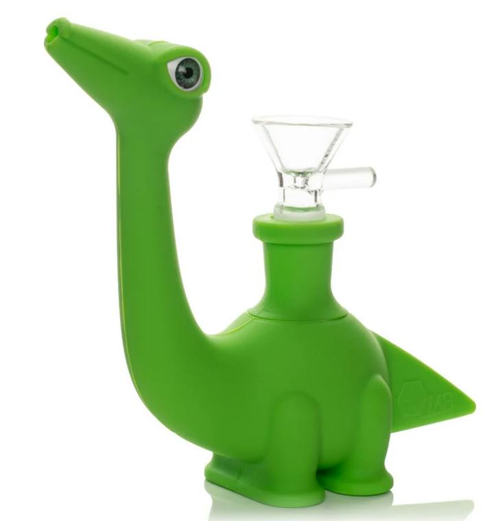 LIT Silicone 5.25" Tall Green Dino Water Pipe W/Glass Bowl