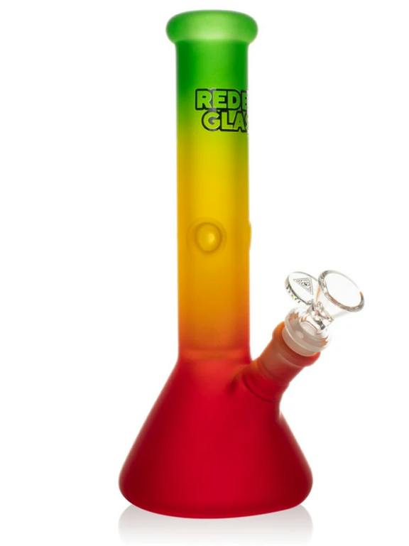 Red Eye Glass 10" Tall Frosted Rasta Beaker Base Water Pipe W/Dome Perc