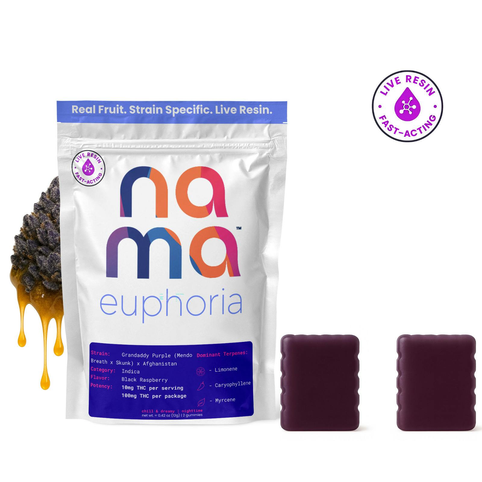 Euphoria Granddaddy Purple Black Raspberry - Live Resin 100mg 2pk Gummies - Nama at FISHKILL CANNABIS