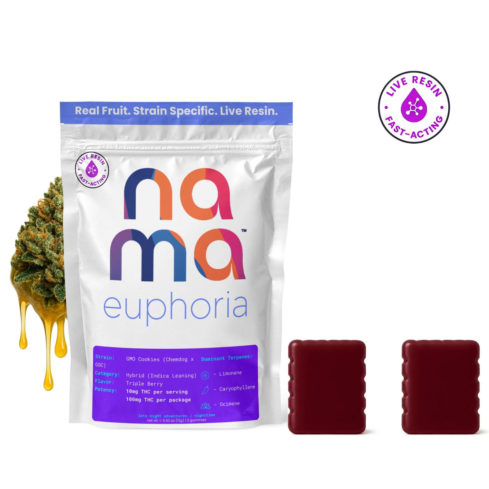 Euphoria GMO Cookies - Live Resin 100mg 2pk Gummies - Nama at FISHKILL CANNABIS