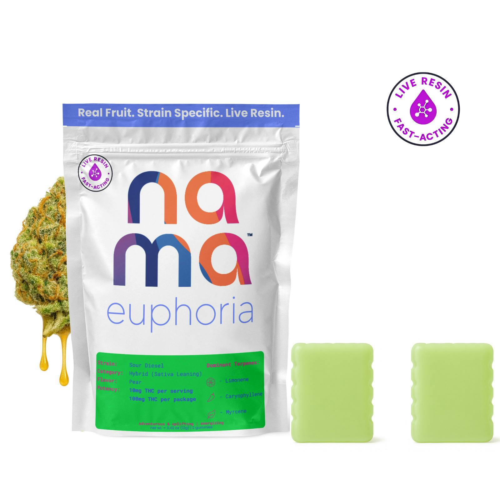 Euphoria Sour Diesel Pear - Live Resin 100mg 2pk Gummies - Nama at FISHKILL CANNABIS