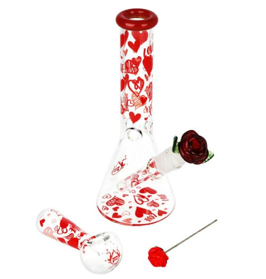 PULSAR - Valentine's Hearts N' Roses Glass Beaker Water Pipe & Hand Pipe Set - 10"