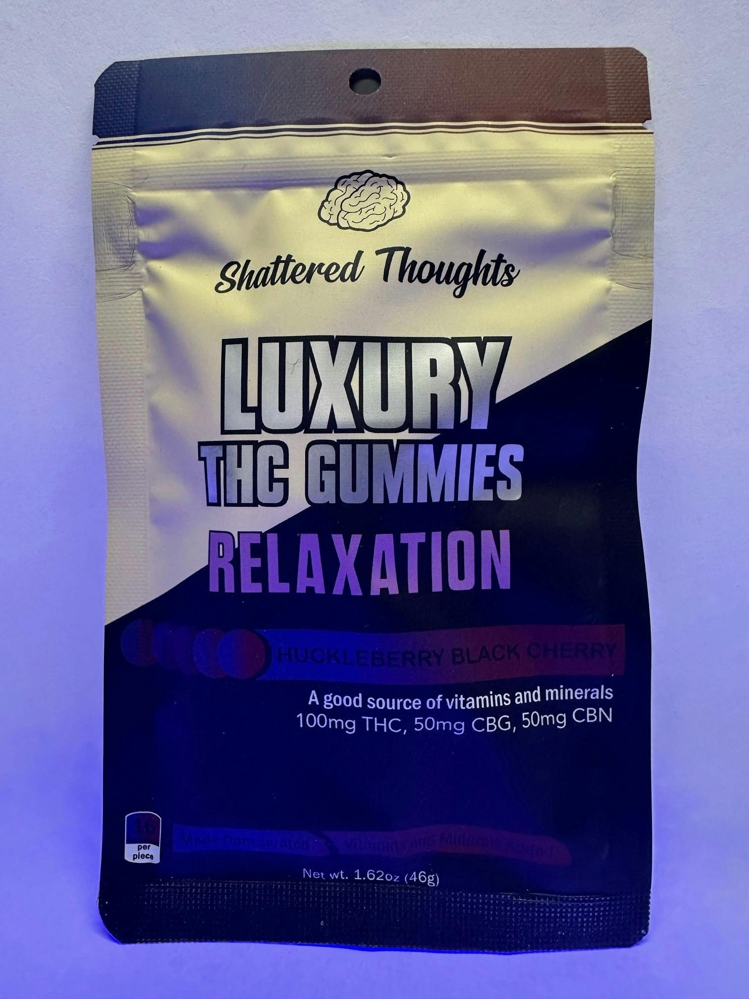 Shattered Thoughts | Huckleberry/Black Cherry "Relaxation" Gummies | 10mgTHC:5mgCBG:5mgCBN | 10pk