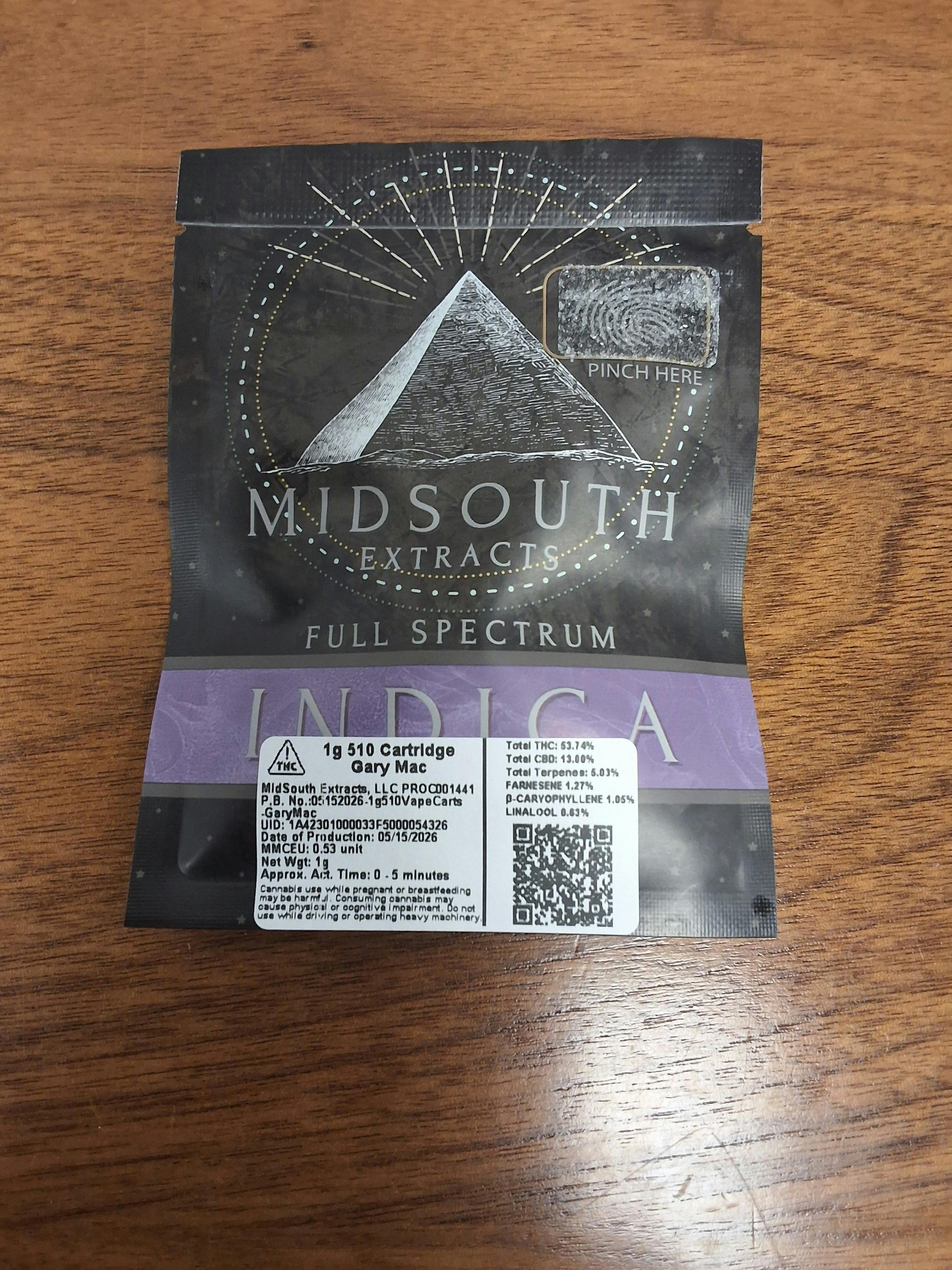 1g 510 - Gary Mac - 53.74%THC - MIDSOUTH EXTRACTS - INDICA