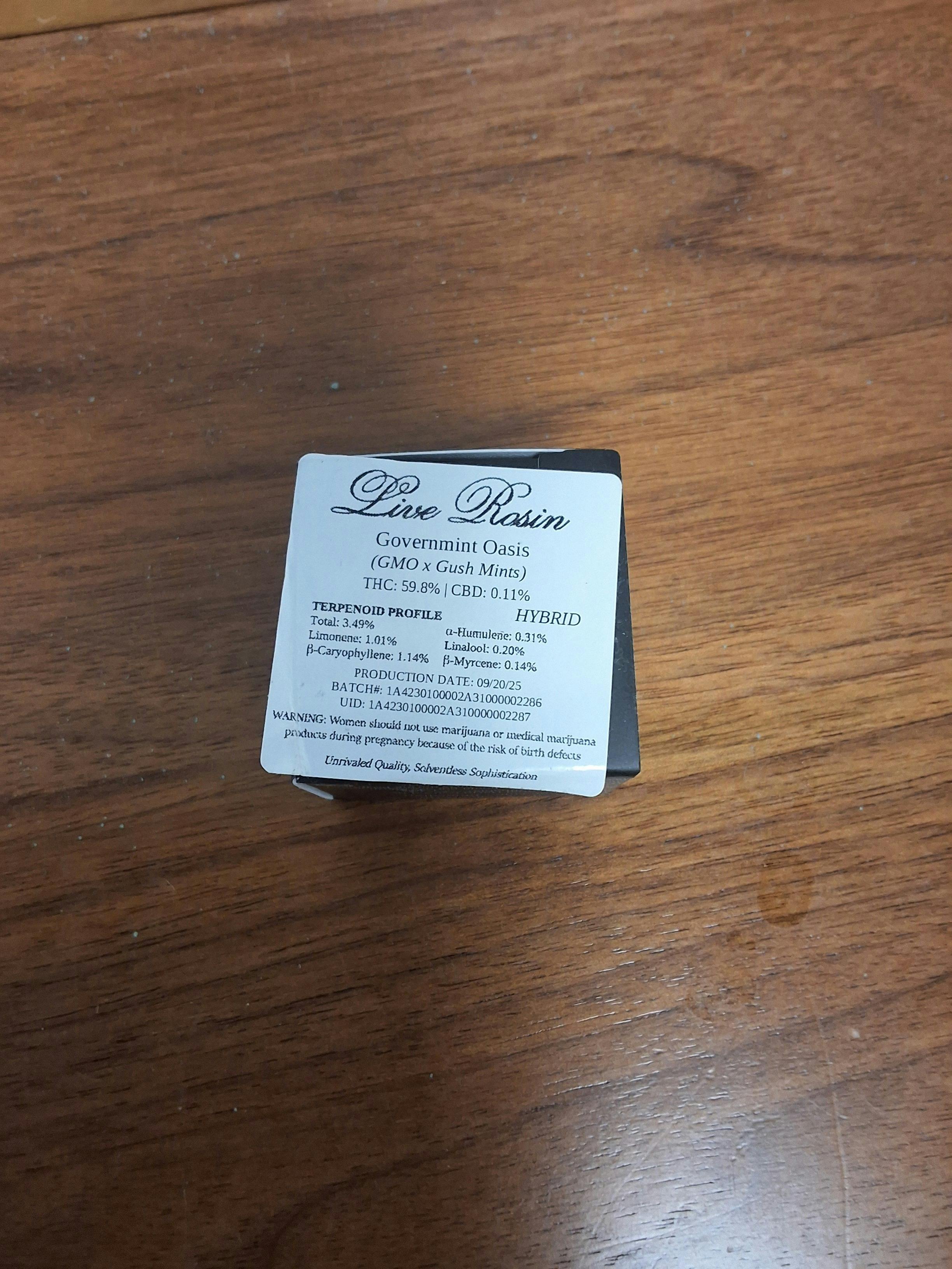 Live Rosin - Governmint Oasis - 0.5g 59.8%THC 3.49%TERP - SHC - HYBRID
