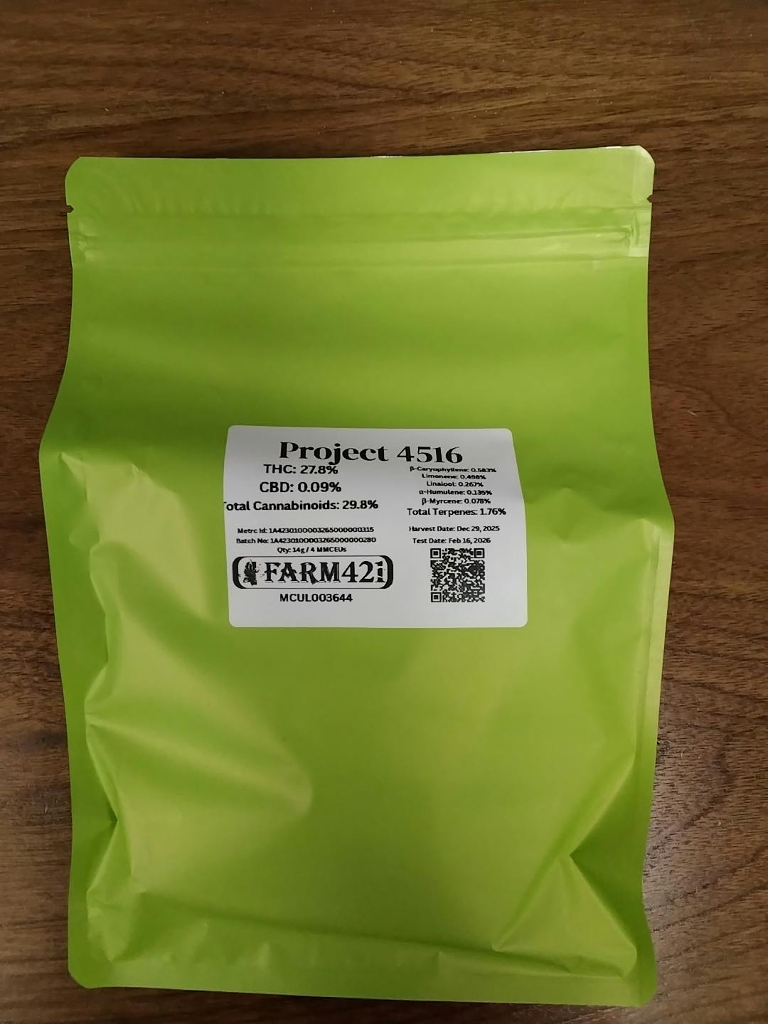 Project 4516 14g 27.8%THC 1.76%TERP - FARM 421 - INDICA HYBRID