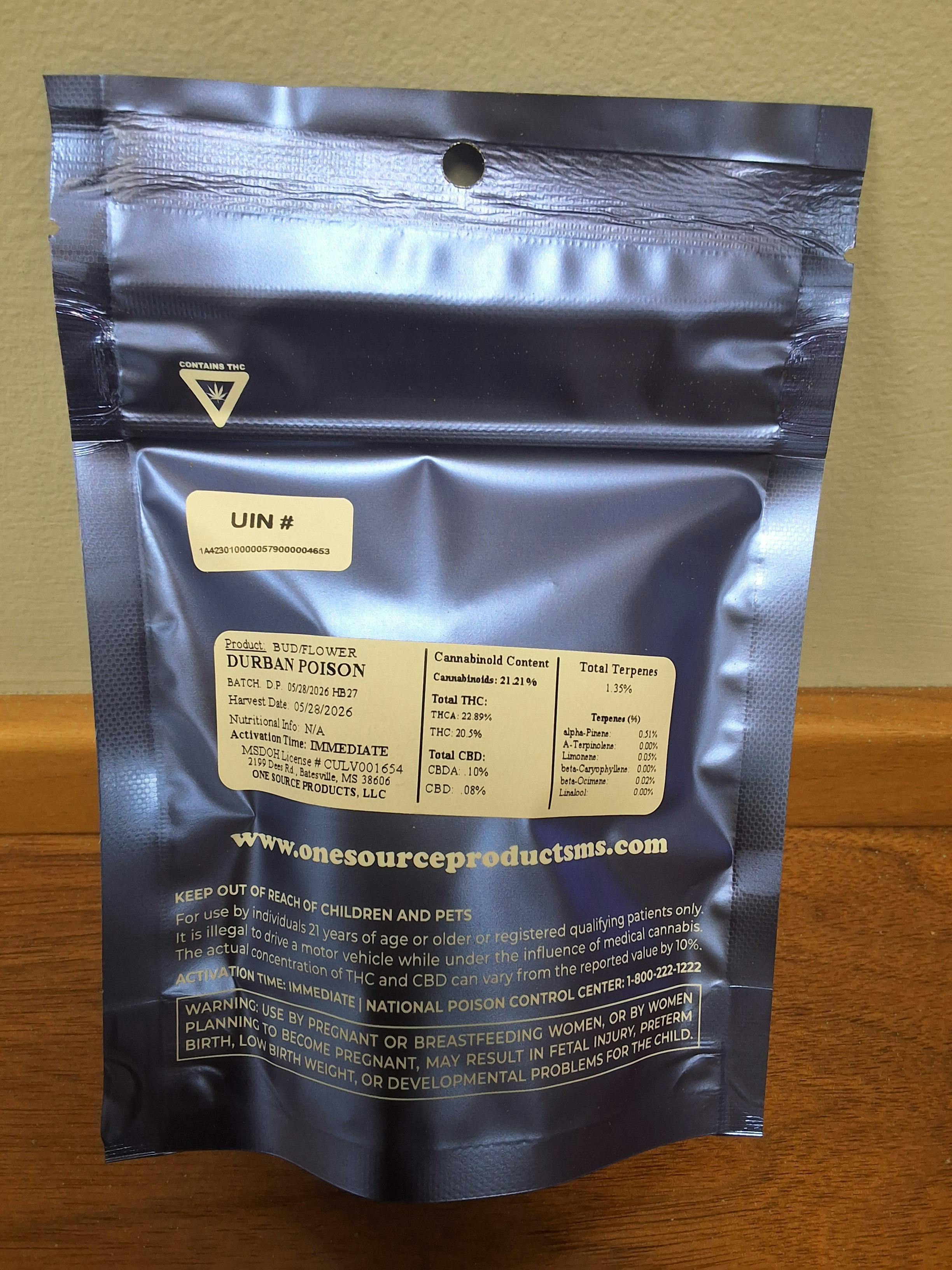 DURBAN POISON 7G 20%THC 1.35%TERP - ONE SOURCE - SATIVA