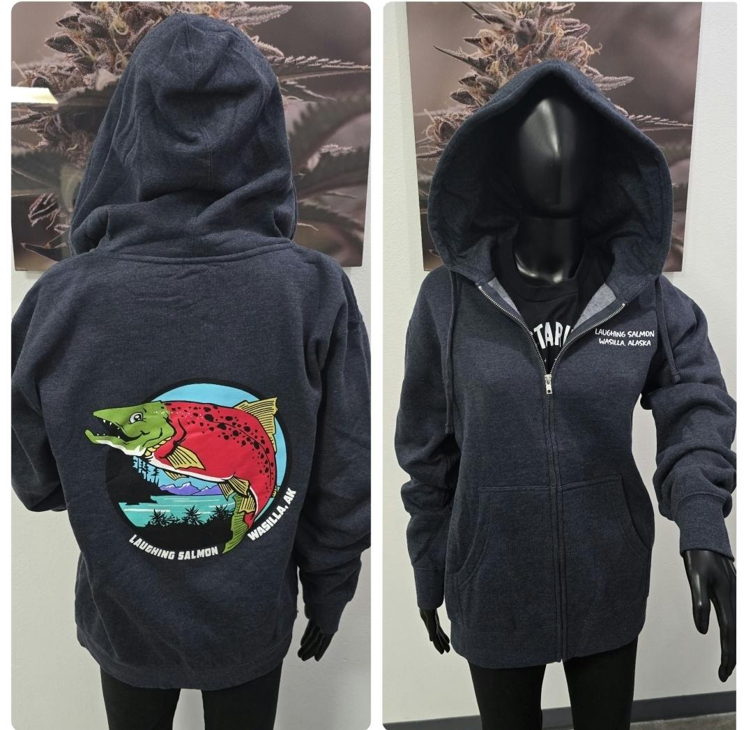 Laughing Salmon Zip-Up Hoodie | Small | Navy
