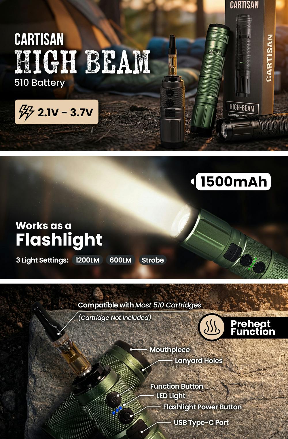 Cartisan | High Beam Flash Light 510 Cartridge Battery | Black