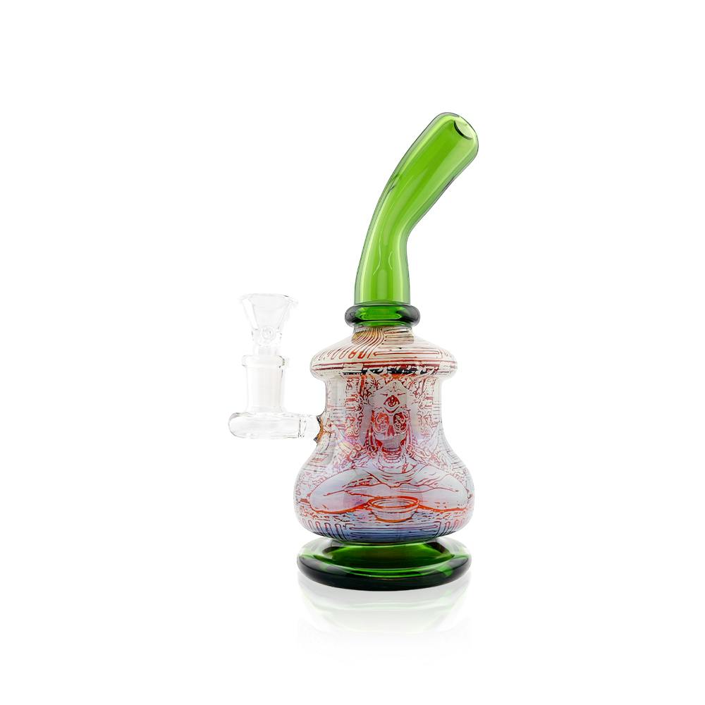 SIREEL - GLASS - 9" ETCHED FUMED SKULL DESIGN RIG WITH FLOWER BOWL