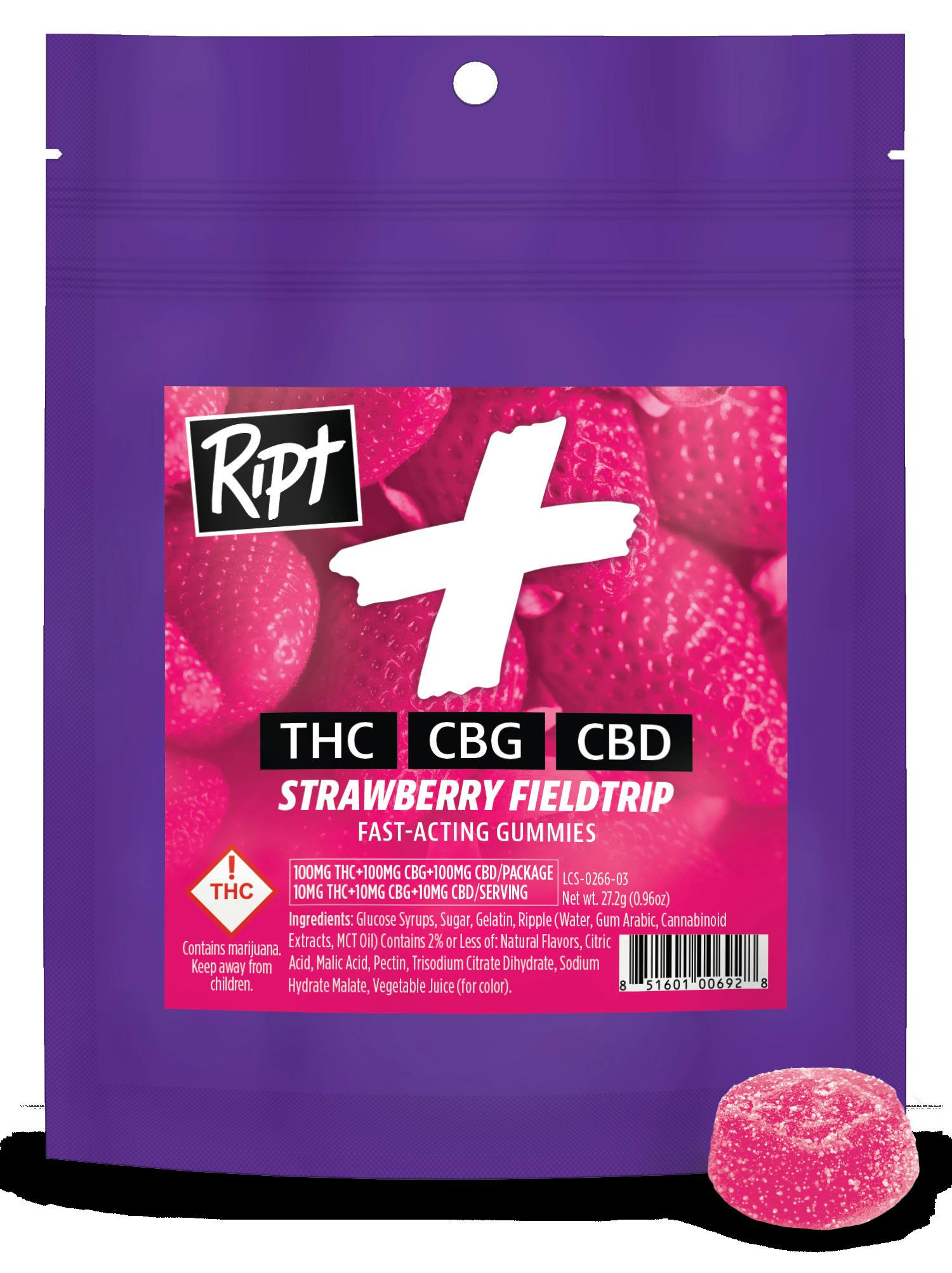 Ript - Gummies - Strawberry Fieldtrip 1:1 CBG 100mg (H)
