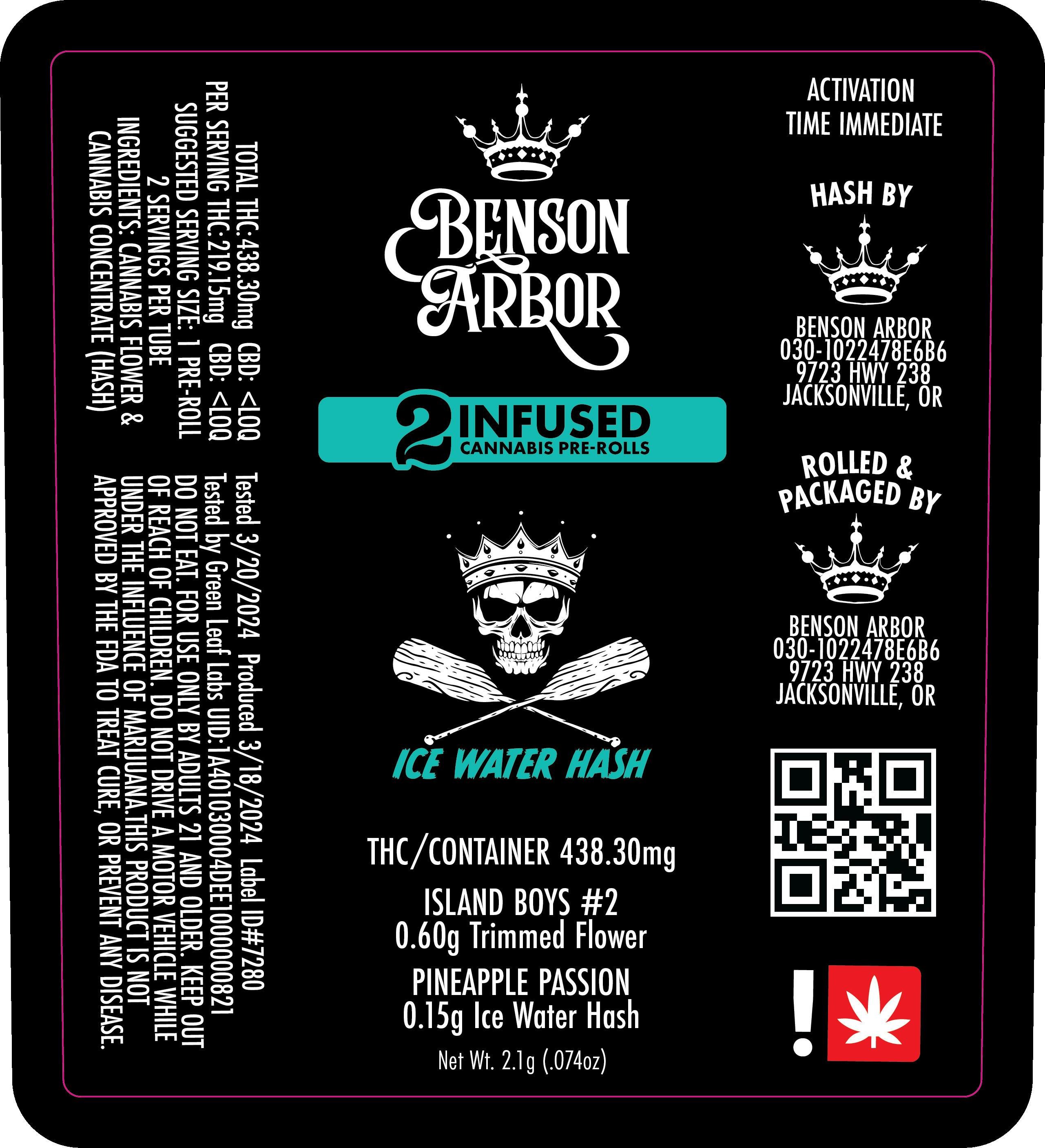 Benson Arbor - Island Boys #2 0.75g Ice Hash Infused Pre-Roll 2pk (H)
