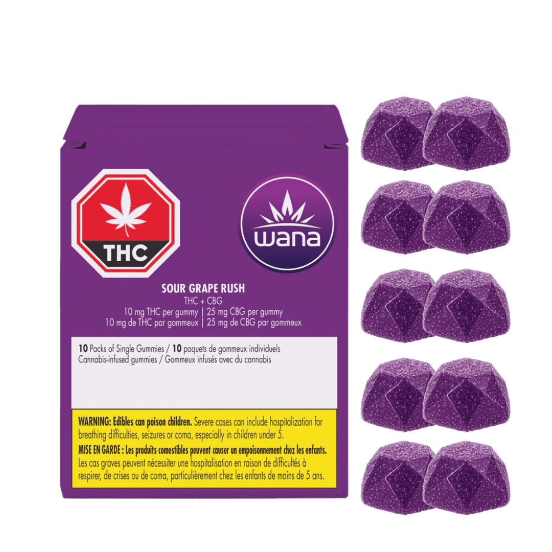 Wana Sour Grape Rush Chews THC:CBG Mega Pk - 10 X 10mg